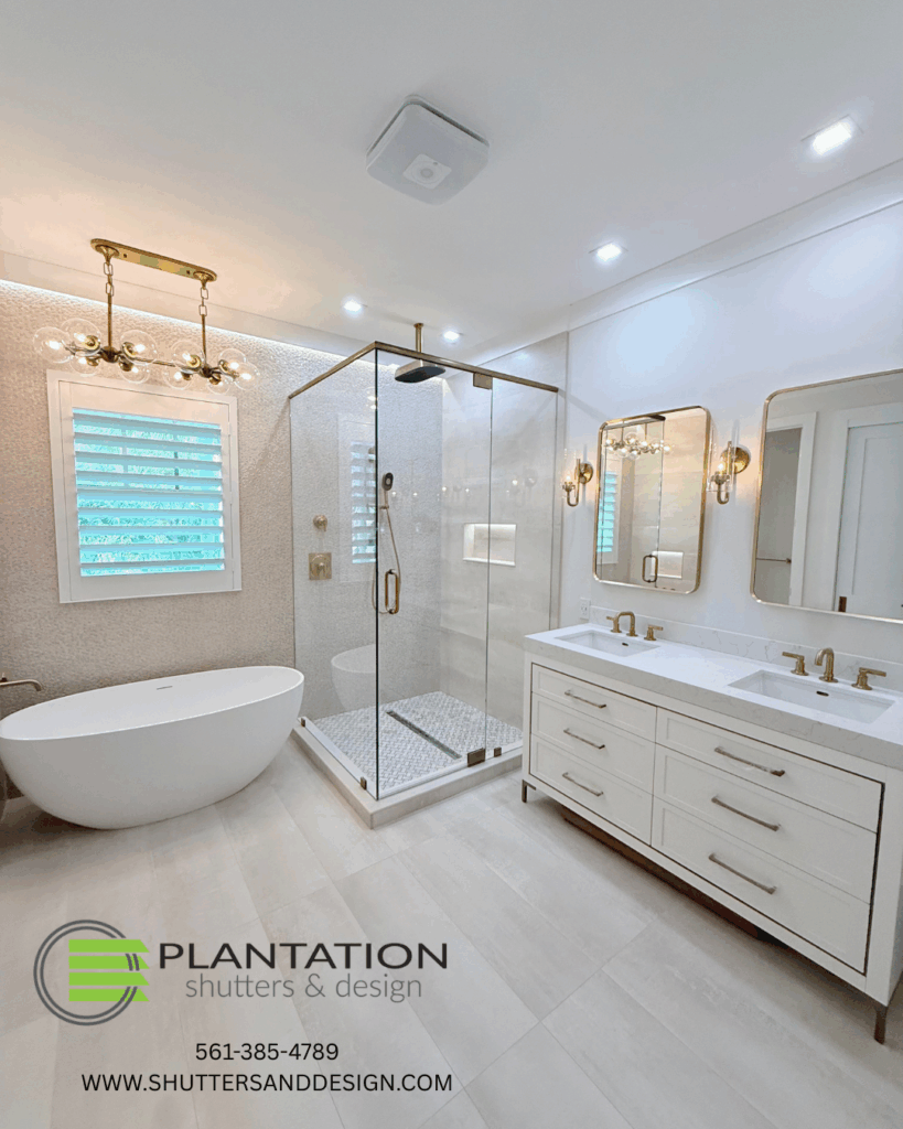 Elegant bathroom featuring white plantation shutters, frameless glass shower, freestanding tub, and double vanity