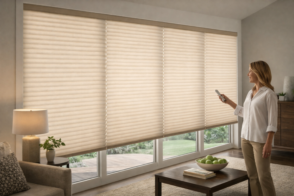 Motorized cellular shades in living room window for light filtering and energy efficiency